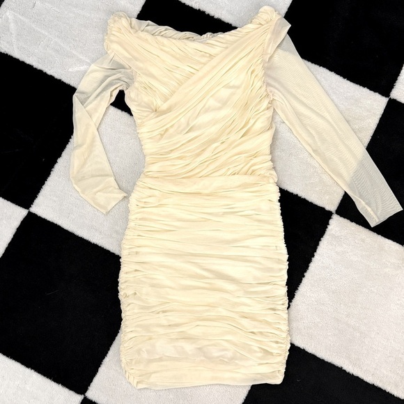 Halston Heritage Sarina Bodycon Ruched Jersey Mini Dress Cream White Size 10 - Picture 1 of 13